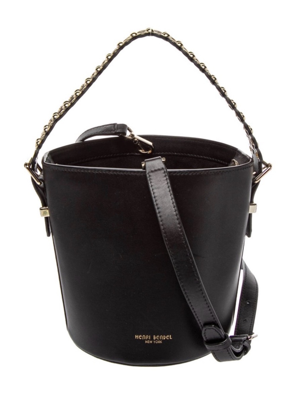 henri bendel Black Leather Bucket Shoulder Bag with Gold Studded Handle